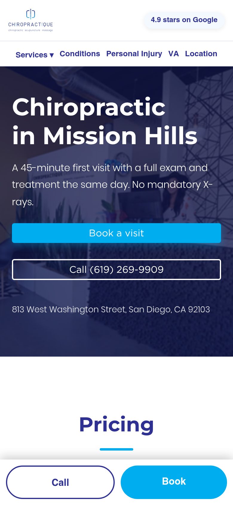 Phone view of the new Chiropractique chiropractic service page