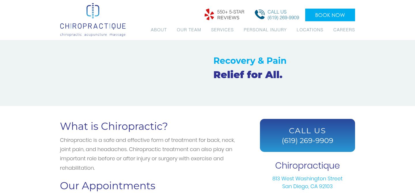 Desktop view of the old Chiropractique chiropractic service page, from an Internet Archive capture