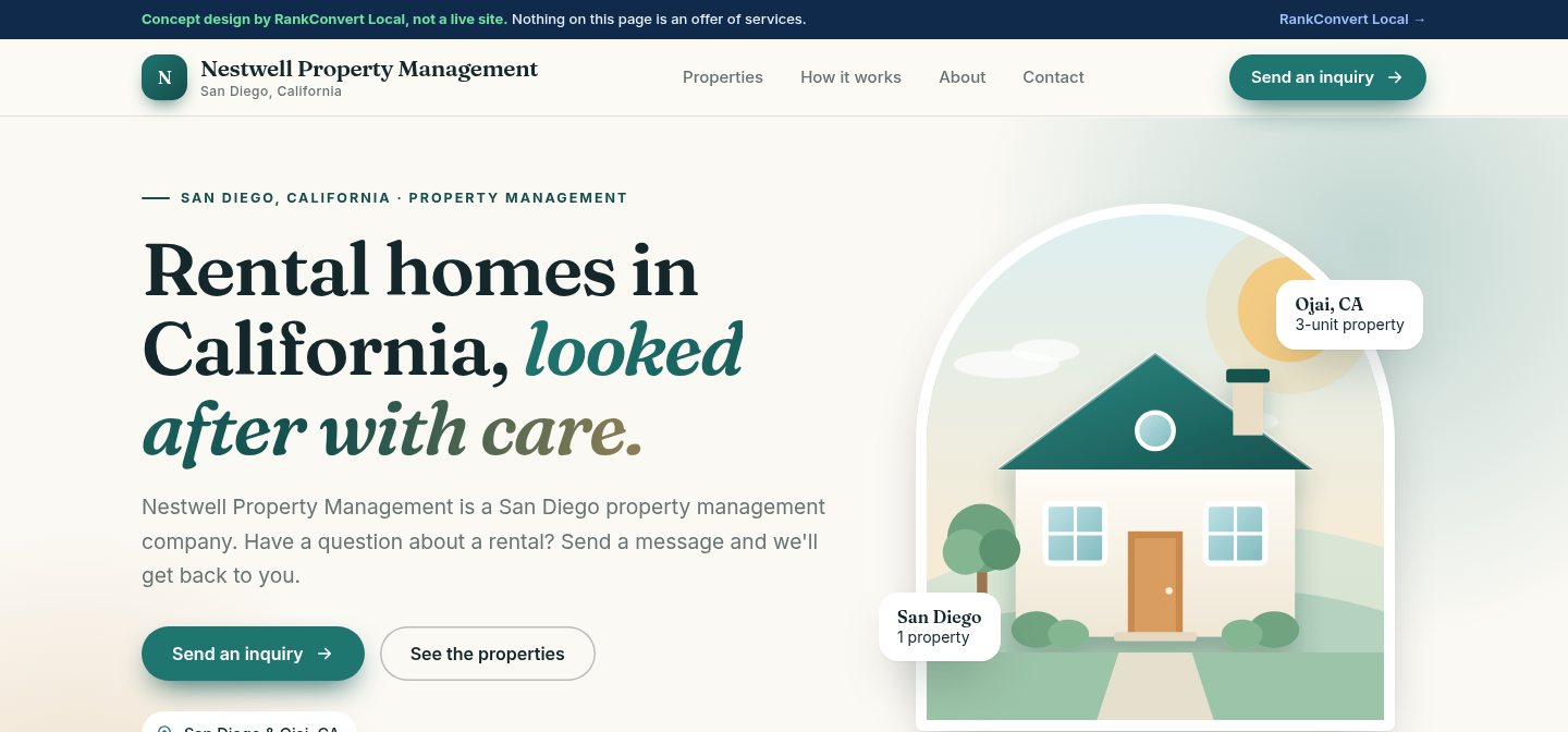 Desktop view of a concept homepage design for Nestwell Property Management, covering San Diego and Ojai. A concept by RankConvert Local, not a live website.