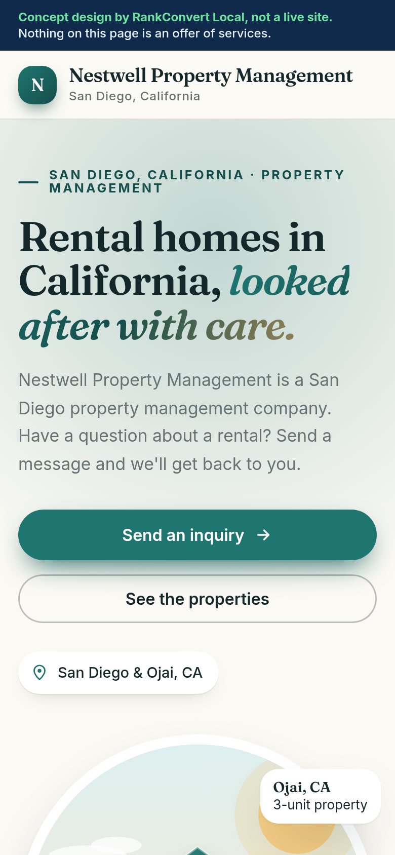 Phone view of the Nestwell Property Management concept homepage design